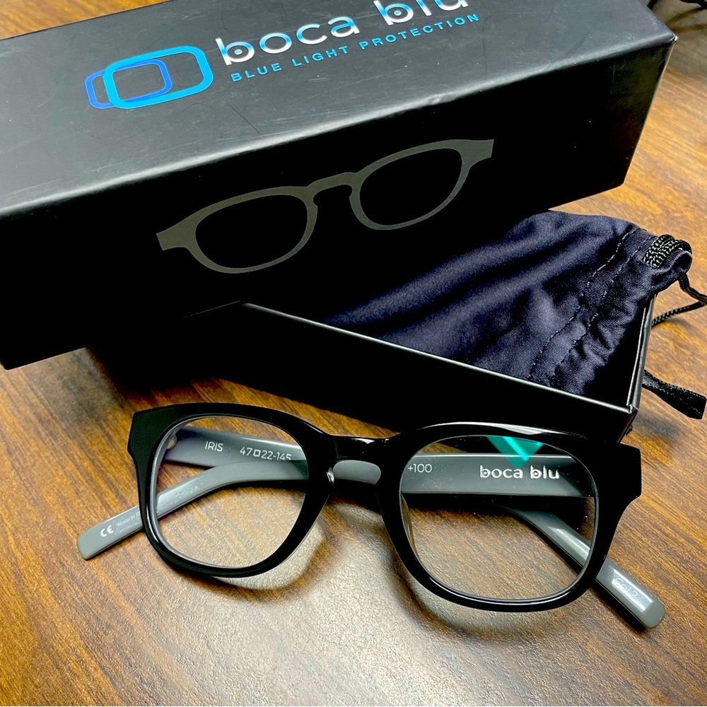 Blue Light Blocking Computer Lenses +1.00 Black Acetate Frame Size 47-022-145
